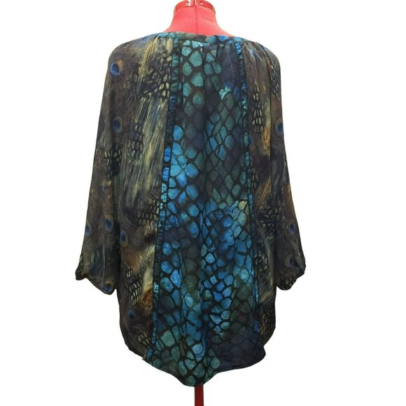 New Directions Woman Tunic Top 3X Peacock Feather Print 100% Polyester Flowing - Picture 4 of 7